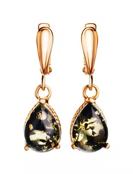 Изящные серьги с натуральным янтарём зелёного цвета «Огонёк»