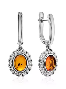 Изящные серебряные серьги «Ренессанс» с натуральным янтарём и кристаллами