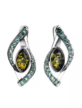 Изящные серебряные серьги с натуральным янтарём и фианитами «Ренессанс»