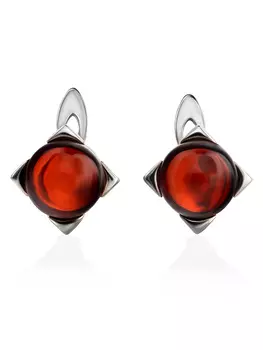 Изящные серебряные серьги с янтарем тёмно-коньячного цвета «Рондо»