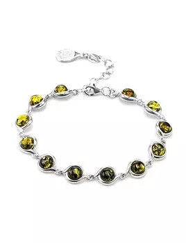 Изящный серебряный браслет, украшенный натуральным янтарём зелёного цвета «Ягодки крупные»