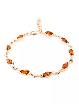 Изящный тонкий браслет из позолоченного серебра с коньячным янтарём «Лиана»