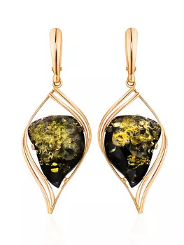 Изысканные серьги из натурального янтаря зелёного цвета и золота «Палладио»