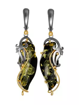 Изысканные серьги из позолоченного серебра с искрящимся зелёным янтарём «Версаль»