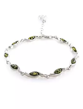 Изысканный браслет «Лиана» из серебра и натурального янтаря зелёного цвета