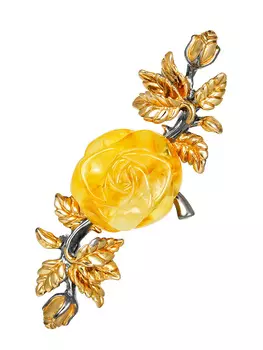 Эффектная брошь из позолоченного серебра с натуральным медовым янтарём «Роза»