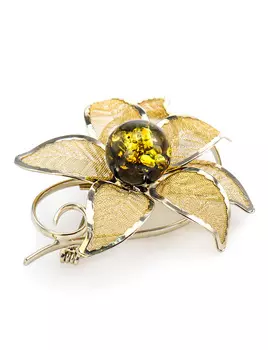 Эффектная брошь, покрытая позолотой и украшенная янтарём зелёного цвета Beoluna