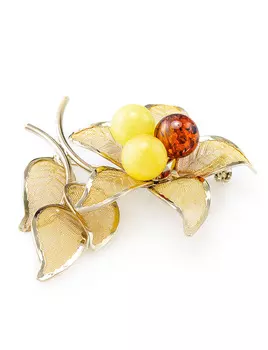 Эффектная брошь в позолоте с натуральным балтийским янтарём коньячного и медового цветов Beoluna