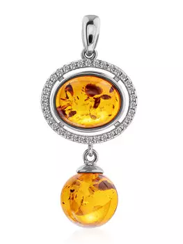 Эффектная подвеска из серебра с коньячным янтарём и фианитами «Ренессанс»