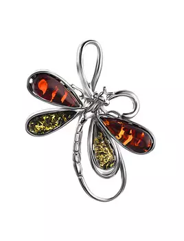 Эффектная подвеска с натуральным балтийским янтарём вишнёвого и зелёного цветов «Стрекоза»