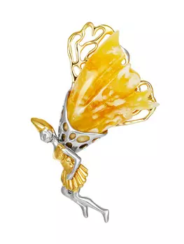 Эффектная позолоченная брошь «Фейри» с пейзажным янтарём