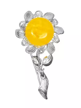 Эффектная брошь «Подсолнух» с натуральным медовым янтарём