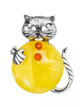 Эффектная брошь с натуральным медовым янтарём «Котик»