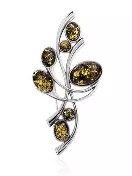 Эффектная брошь с натуральным янтарём зелёного цвета «Симфония»