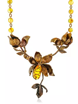 Эффектное колье в цветочном дизайне, украшенное янтарём «Пандора»