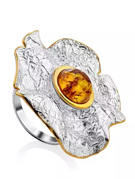 Эффектное объёмное кольцо из янтаря «Мак»