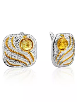 Эффектные квадратные серьги из натурального золотистого янтаря «Эритрея»