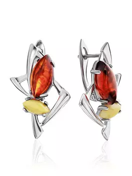 Эффектные оригинальные серьги из натурального балтийского янтаря двух цветов «Пегас»