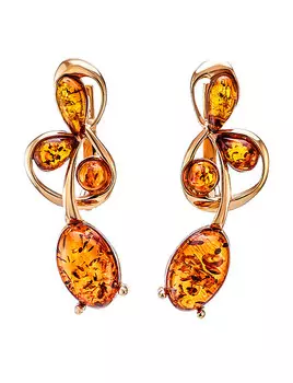 Эффектные позолоченные серьги с натуральным коньячным янтарём «Симфония»