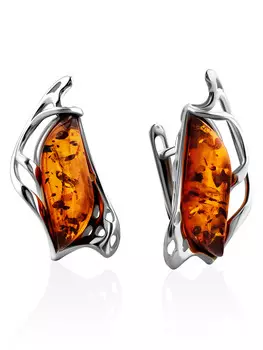 Эффектные серьги «Иллюзия» из натурального янтаря коньячного цвета