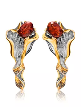 Эффектные серьги из серебра с позолотой, украшенные коньячным янтарём «Моне»