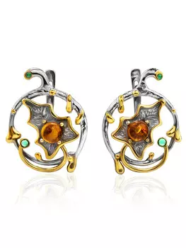 Эффектные серьги из серебра с золочением, украшенные янтарём и фианитами «Беатриче»
