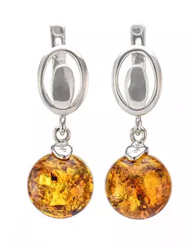 Эффектные серьги «Юпитер золотисто-коньячный» из натурального янтаря с серебром