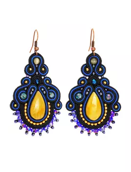 Эффектные серьги с кристаллами и натуральным медовым янтарём «Индия»