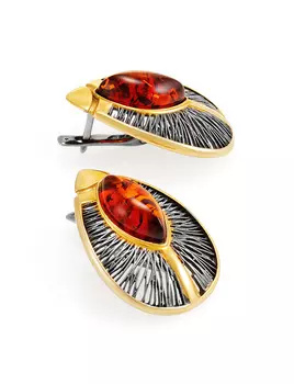 Эффектные серьги с натуральным янтарём коньячного цвета «Терция»