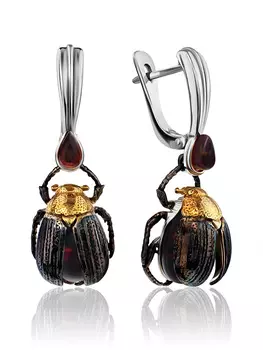 Эффектные серебряные серьги с натуральным вишнёвым янтарём «Скарабей»