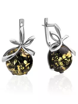 Эффектные серебряные серьги с натуральным зелёным янтарём «Черри»