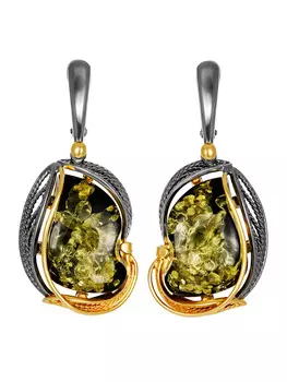 Эффектные вечерние серьги из зелёного янтаря «Филигрань»