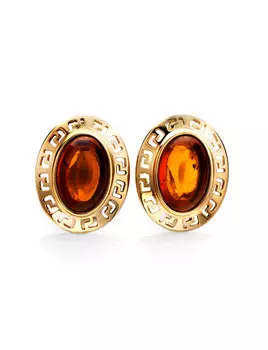 Элегантные серьги в классическом дизайне «Эллада» с натуральным янтарём коньячного цвета