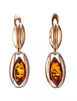 Элегантные золотые серьги со вставками из янтаря коньячного цвета «София»