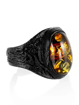 Кольцо из натуральной кожи с янтарем красно-зелёного цвета «Нефертити»