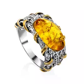 Кольцо в необычном дизайне из серебра и натурального янтаря «Гвинея»