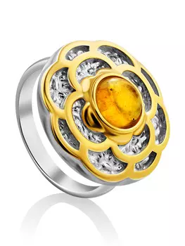 Красивое кольцо «Гербера» с золотистым янтарём