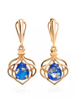 Красивые позолоченные серьги с синим янтарем «Анбарин»