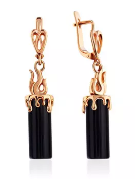 Красивые серьги-цилиндры «Скандинавия» из позолоченного серебра с янтарём вишнёвого цвета