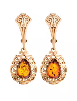 Красивые серьги из золоченного серебра с натуральным коньячным янтарём «Луксор»