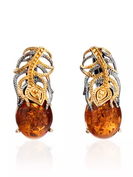Красивые серьги «Павлин» из позолоченного серебра и янтаря