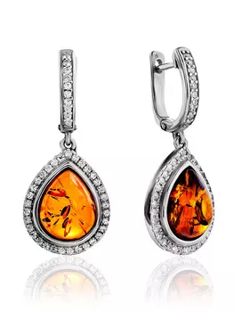 Красивые серьги «Ренессанс» с натуральным янтарём и фианитами