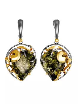 Красивые серьги «Версаль» с натуральным зелёным янтарём