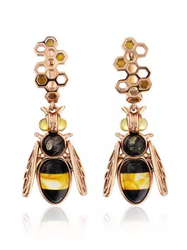 Красивые серьги «Винни Пух» из позолоченного серебра и янтаря