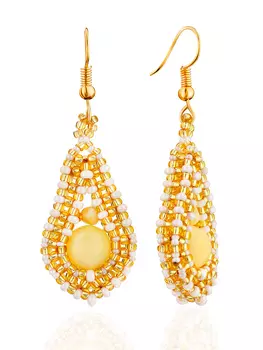 Красивые серьги в виде капельки из бисера и янтаря «Лукоморье»