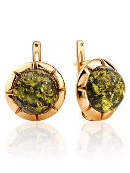 Круглые серьги из натурального янтаря зелёного цвета «Камелия»