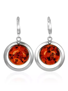 Круглые серьги с искрящимся коньячным янтарём «Глянец»