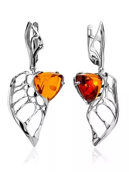 Крупные ажурные серьги с натуральным янтарём коньячного цвета «Росянка»