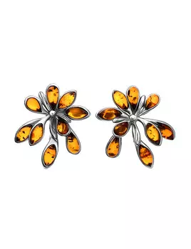 Крупные нарядные серьги из натурального коньячного янтаря «Георгина»