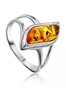 Лёгкое изящное серебряное кольцо с натуральным янтарём «Тильда ажур»